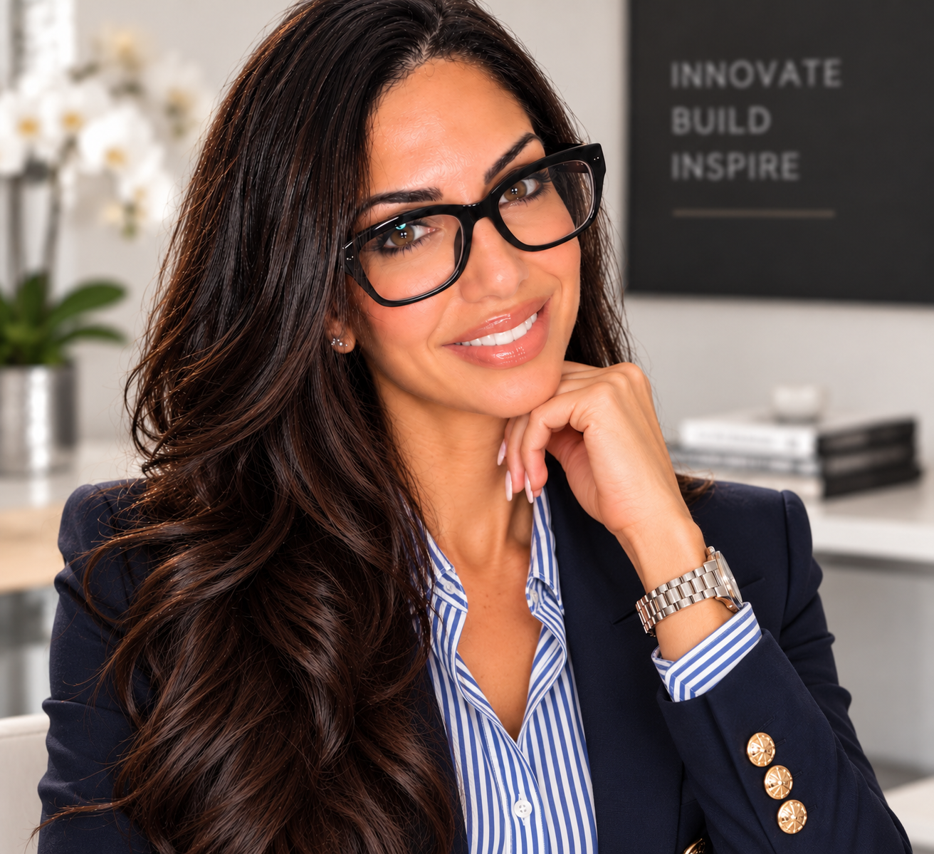 Sivan Damti seated in an office, wearing a navy blazer with gold buttons and a blue-and-white striped shirt